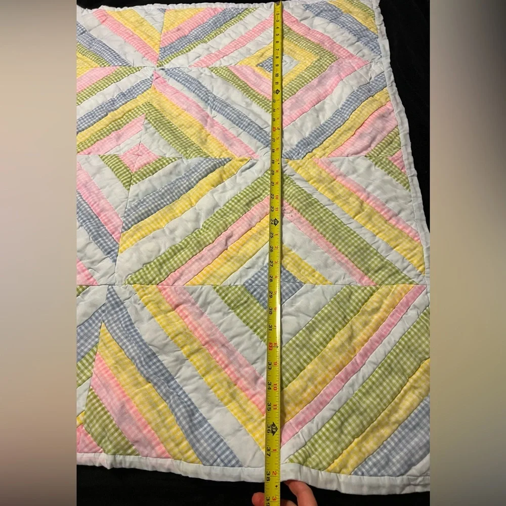 UC Vintage 70s Hand Sewn Colorful Patchwork Baby Crib Quilt 29”x38”